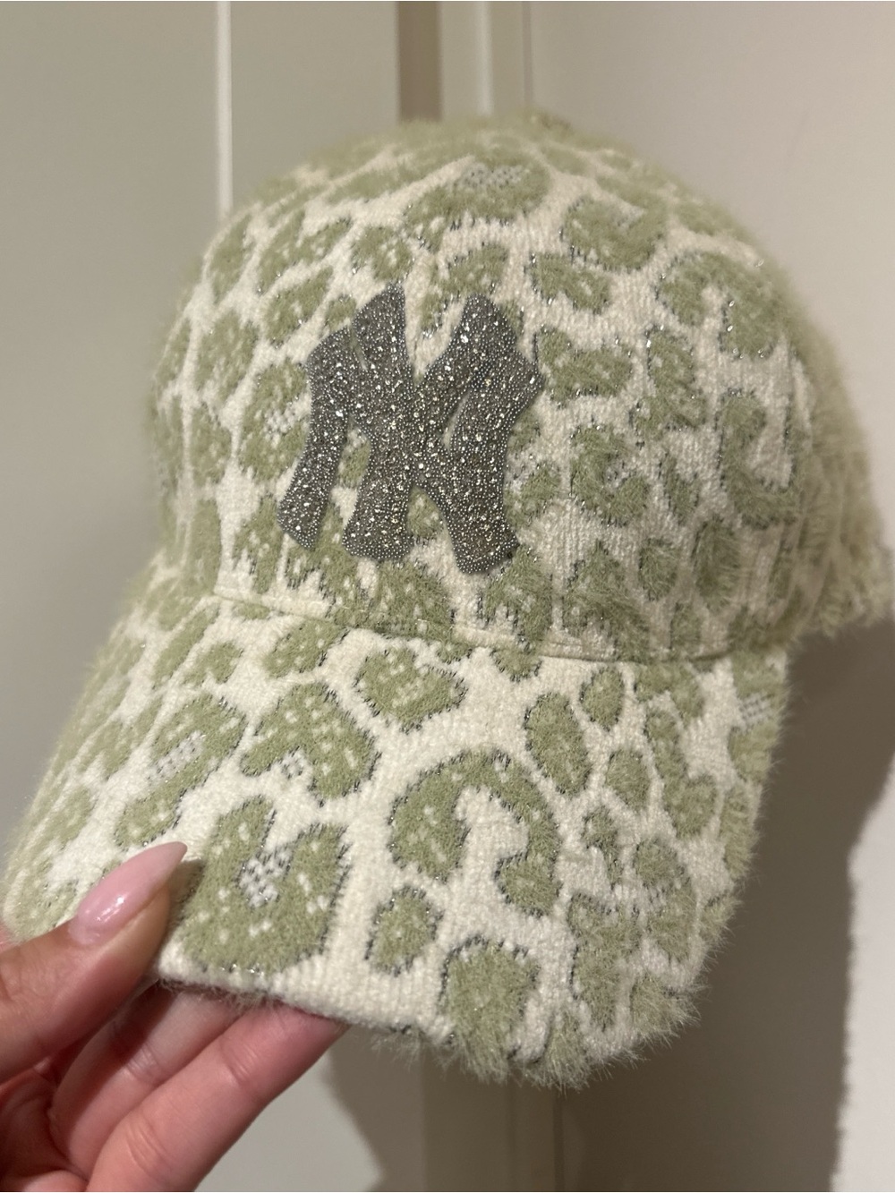 New York NY Yankees Rhinestone Leopard Print Cap - Sage & Cream